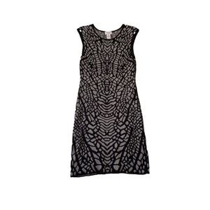 Carmen Marc Valvo sheath dress delicate knit sleeveles black grey pattern medium